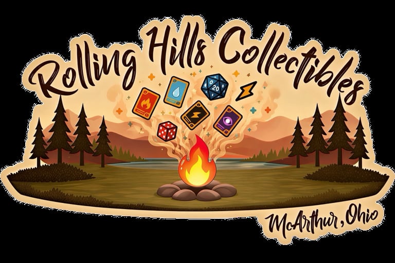 Rolling Hills Collectibles logo featuring colorful dice floating above a campfire in a forest landscape with McArthur, Ohio text
