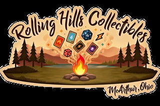 Rolling Hills Collectibles logo featuring colorful dice surrounding a campfire in a forest landscape with mountains and lake